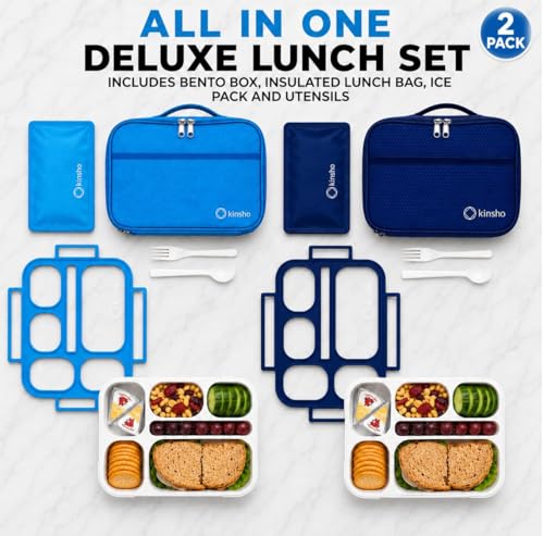 kinsho Lunch Boxes for Kids Boys Teens - Bento Box Set with Insulated Bag and Ice Pack, 6 Compartment Leak Proof Food Container, BPA-Free, Microwave Safe, Ideal for School & Work, Blue + Navy - color: Blue + Navy