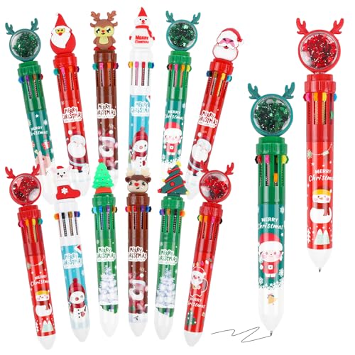 DIYASY 12 Pcs Christmas Multicolored Ballpoint Pens, 10 In 1 Multicolor Retractable Pens Bulk Xmas Party Favors for Kids Adults Holiday Office Supplies Classroom School Prize