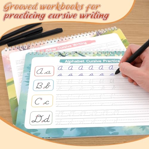 Grooved Cursive Handwriting Workbook for Kids 5-12 & Adults,Reusable Magic Practice Books with Disappearing Ink Pens,Grooved Kids Writing Book Cursive Workbook with Words Letters Bible Verses Sentence