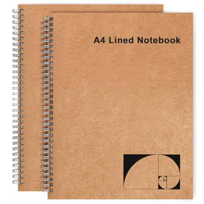 A4 Lined Spiral Notebook, 2 Pack Large Spiral Journal for Writing, 200 Pages 100gsm Thick Lined Paper Notebooks for Work, Class, Taking Notes, Drawing - Kraft Brown Cover, 8.5" x 11" - color: Lined