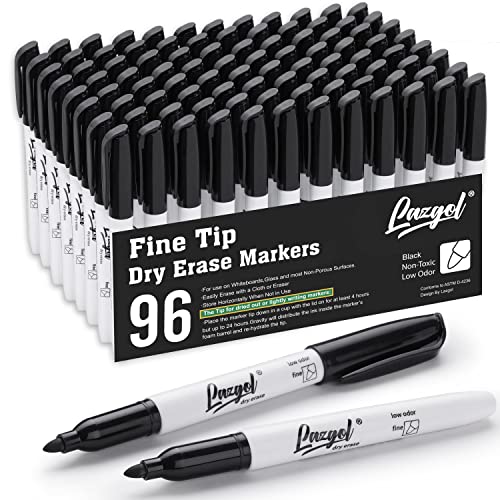 LAZGOL Dry Erase Markers Bulk, 96 Pack Fine Point Tip Black Dry Erase Markers, Low Odor Whiteboard Markers for Back to School, Office, Home, Work On White board & Calendar, Refrigerator.