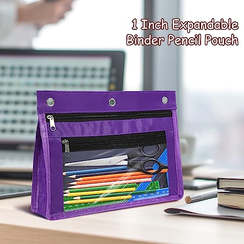 YoeeJob 1 Pack Pencil Pouch for 3 Ring Binder, Expandable Binder Pouches with Zipper, Large Capacity Pen Holder Case with Clear Window School Class Office Organizers, Purple - color: Purple