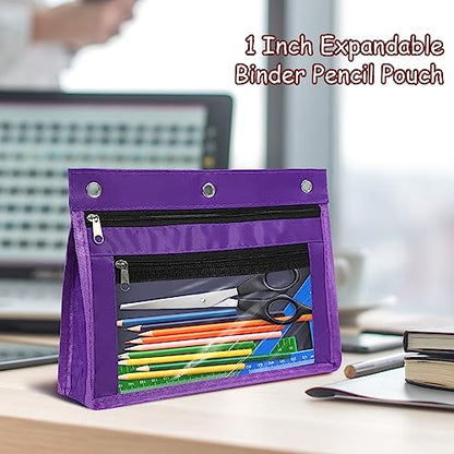 YoeeJob 1 Pack Pencil Pouch for 3 Ring Binder, Expandable Binder Pouches with Zipper, Large Capacity Pen Holder Case with Clear Window School Class Office Organizers, Purple - color: Purple
