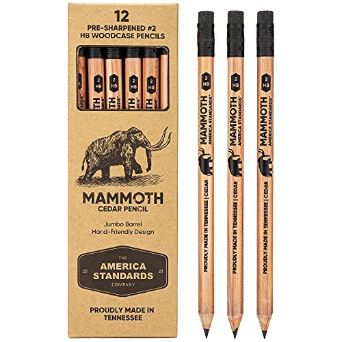 Mammoth Jumbo Pencils - 12 Pack, American-Made Cedar Pencils for Preschoolers, Kids, Carpenters, Handymen, People with Hand Issues, Comfortable Grip, Break-Resistant Graphite Core, Smudge-Free Eraser