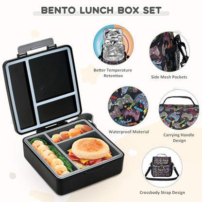 Pawtong Lunch Box Set with Bento Box Container, 17OZ Stainless Steel Food Soup Thermo, Kids Water Bottle & Portable Insulated Lunch Bag – Leakproof, Hot/Cold Retention for School, Travel (Black-Game) - color: Black-Game