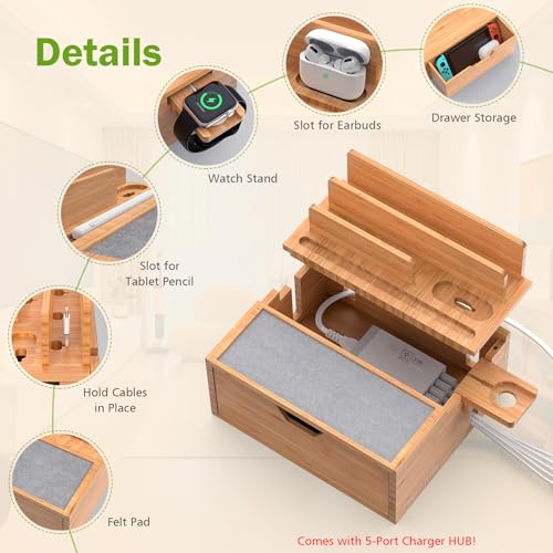 Pezin & Hulin Bamboo Charging Station with Power Charger & Cables-Black | Nightstand Docking Station with Lined Tray & Drawer for Multi Device, Compatible with Tablet, Cell Phones, Watch & Earbuds - color: #1 Bamboo (With Charger)