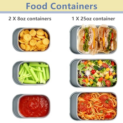 TeamFar Stainless Steel Lunch Box, Food Snack Storage Bento Containers with Silicone Lids for Kids Adults to School Work, Kids Friendly & Dishwasher Safe, Leak-Proof & Easy Open, 25OZ + 8OZ*2 (Grey) - color: Gray
