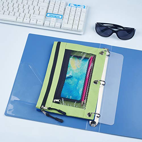 3 Ring Binder Pencil Pouchs, Zippered Pencil P9ouch Double Pocket Pencil Pouch 3 Ring with Clear Window (Blue&Green 2pack) - color: Blue&green