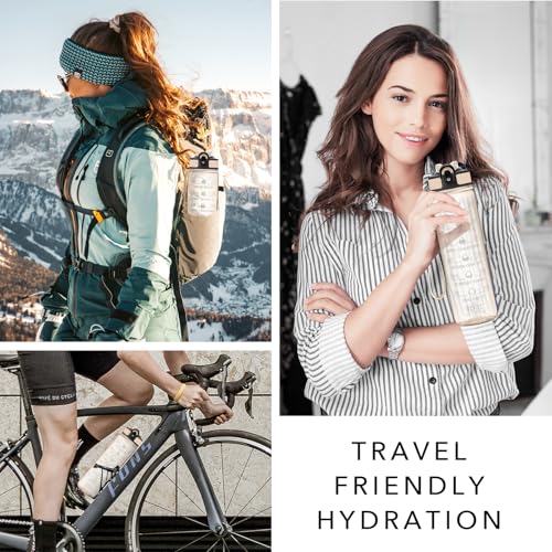 Hyeta Water Bottle with Straw & Time Marker, Plastic 32oz Leakproof | Motivational Tritan BPA Free Gym Office Outdoor Intake Tracker Hourly Reminder Straw Lid Carry Strap - color: Clear Amber