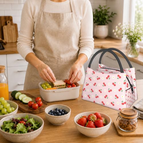Lunch Box for Women,Cute Cherry Insulated Lunch Bag,Flowers Pink Leakproof Thermal Insulation Cooler Tote Bags for Teacher Nurse Kids School Work Picnic - color: Cute Cherry