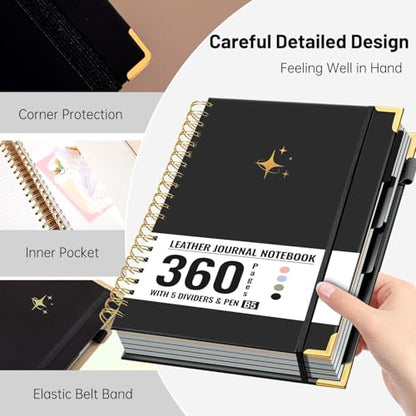 FLYING EAGLE Leather Spiral Notebooks for Work 5 Subject Notebook College Ruled with Dividers Pen, 360 Pages B5 Hardcover Lined Journals for Women Men Writing,Black - color: B.black