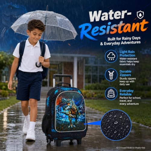 CCJPX 3PCS Dinosaur Rolling Backpack for Boys,Kids Backpacks with Roller Wheels, Wheeled Bookbag with Lunch Box for Toddler Elementary School-Black - color: Black Dinosaur