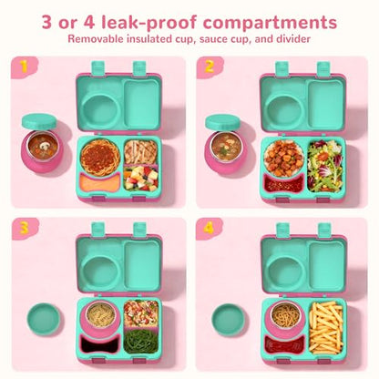 Bento Box for Kids, Leakproof Kids Bento Lunch Box Container with 8oz Insulated Thermo Food Jar, Sauce Jar, Utensil, DIY Stickers for School Boys Girls, 3-4 Compartments, BPA-Free - color: Rose Pink
