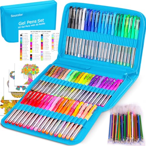 Soucolor 120 Gel Pens Set, Adult Coloring Book Refills, Art Drawing Markers | 120-Piece Gel Pen Set 60 Vibrant Colors, 60 Refills, Coloring Sheets & Blue Case for Adult Coloring Books Travel Case - color: Blue