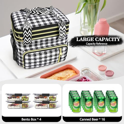 LOKASS Lunch Box for Women-16L-Insulated Lunch Bag Women, Expandable Double-layer Leakproof Cooler Bag with Upgrade Adjustable Shoulder Strap Ideal for Work/Travel/Picnics（Black&White Check） - color: Black&White Check