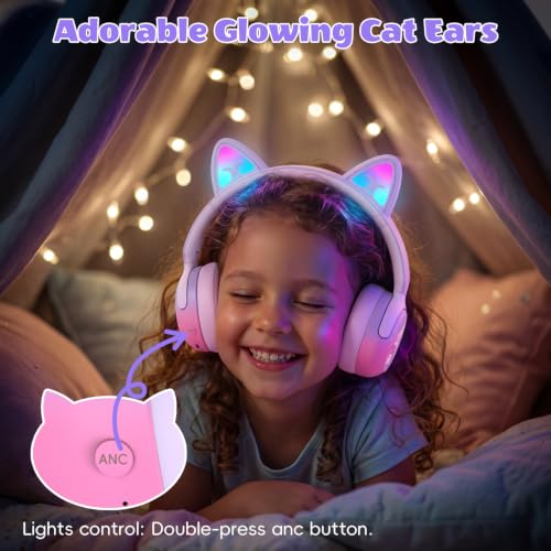 Candy Bila Kids Bluetooth Headphones with LED Cat Ears, Active Noise Cancelling Headphones, 85dB Safe Volume, 40H Play Time, Bluetooth 6.0, Built-in Mic for iPad/Tablet/Airplane, Purple - color: Purple