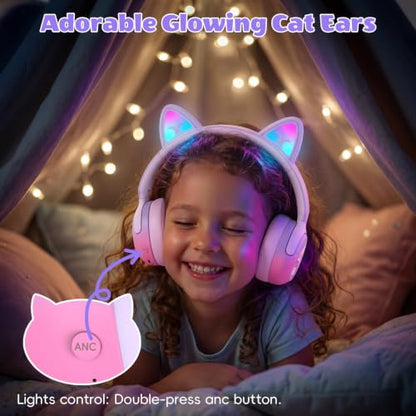 Candy Bila Kids Bluetooth Headphones with LED Cat Ears, Active Noise Cancelling Headphones, 85dB Safe Volume, 40H Play Time, Bluetooth 6.0, Built-in Mic for iPad/Tablet/Airplane, Purple - color: Purple