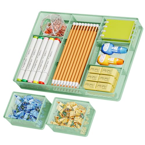 Marbrasse 3 Packs Desk Drawer Organizers, Metal Mesh Dividers with 9 Adjustable Compartments, Pen Organizer for Drawer Tray Box Accessories for Desktop,Kitchen, Makeup(Green) - color: Green