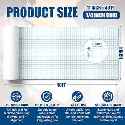 Jetec 1 Roll Large Grid Graph Paper Roll 1/4'' Grid 11 Inch x 40ft Engineering Drafting Paper for Blueprint School Classroom Graphing Supplies Engineer Architect Designer Mathematician Gifts - color: 1/4'' Grid, size: 11 Inch X 39ft