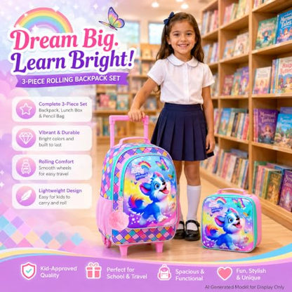 KLFVB Girls Bookbag with Wheels, 3PCS Kids Roller Backpack with Lunch Bag, Wheeled School Bag for Children - Dog - color: Upgraded UV Printing Dog Pink Rolling Backpack