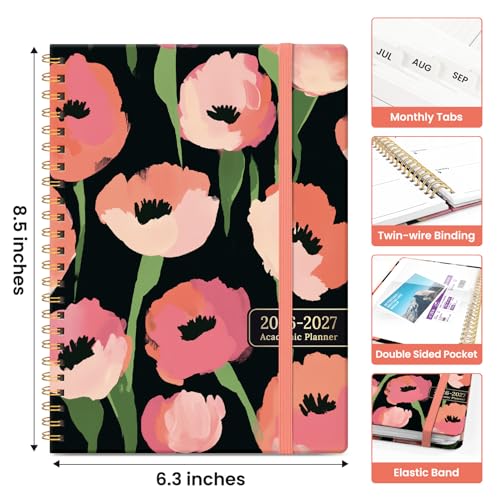 Planner 2026-2027, Academic Year Weekly and Monthly Calender Planner, from Jul 2026 - Jun 2027, Spiral Bound School Planning Book, Perfect for Teacher, Student, Women & Men, A5 (6.3" x 8.5"), Midnight Poppies - color: Y-Midnight Poppies, size: (6.3"x8.5")