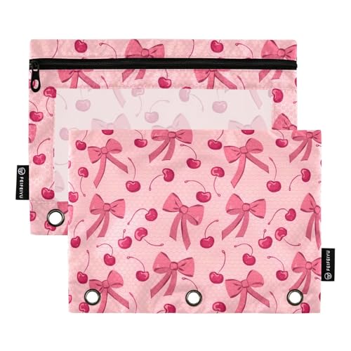 Pink Bow Cherry Pencil Pouch for 3 Ring Binder 2 Pack Zipper Binder Pencil Bag with Clear Window Pencil Case for Office Supplies - color: Multi117