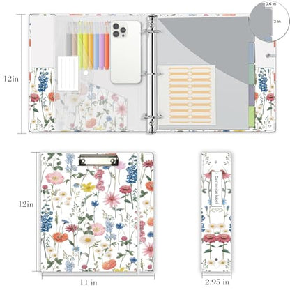 3 Ring Binder 2 Inch for 8.5"x11" Paper, Three Ring Binders with Clipboard, 5 Dividers with Tabs and Pockets, Plastic Folder, 18 Divider Stikers,Cute Binder with Pen Holder,Blue Bloom - color: Blue Bloom, size: 2in（Letter Size）