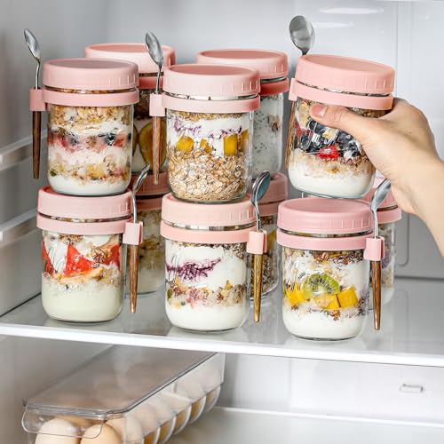 LANDNEOO 4 Pack Overnight Oats Containers with Lids and Spoons, 16 oz Glass Mason Jars with Airtight Lids, Overnight Oats Jars for Milk, Cereal, Fruit-Pink - color: Pink