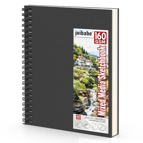 joibabe Spiral Bound Mixed Media Sketchbook, 160 GSM/98LB Heavyweight Acid Free Paper, 60 Sheets, 9x12 Inch Art Notebook for Drawing, Watercolor, Acrylic, Sketching, 1 Pack - size: 9" x 12"