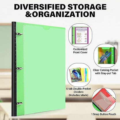 WOT I Telescoping Project Organizer 2-Pack, Refillable Binder with Dividers and Pockets, 13 Pocket Folders, 1 Inch 3 Ring Binder, Green - color: Green, size: 2 Pack