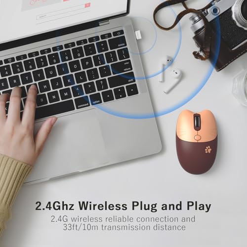 Cute Cat Wireless Mouse, 2.4GHz Wireless Silent Mouse, USB Receiver Plug and Play, 3 Adjustable DPI, Compatible with Notebook, PC, Laptop, Computer- Coffee Colorful - color: Coffee
