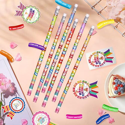 296 Pcs Birthday Pencils Set: 48 Happy Birthday Pencils, 48 Wristbands, 200 Badge Stickers for Teacher, Classroom, Party Supply