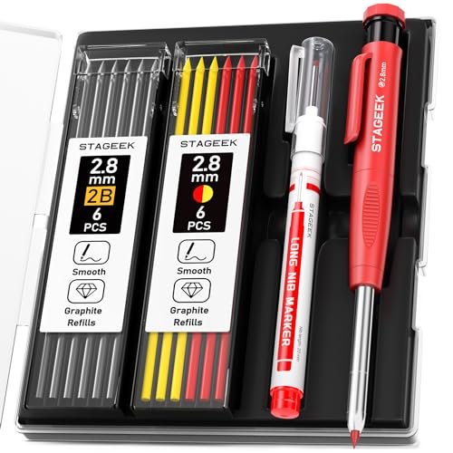 STAGEEK 2.8mm Carpenter Pencil Set with Storage Case, Built-in Sharpener | 13 Refills (Red, Black, Yellow), Deep Hole Long Nib Marker, Heavy Duty Woodworking Tools for Architect Electricians - color: Red