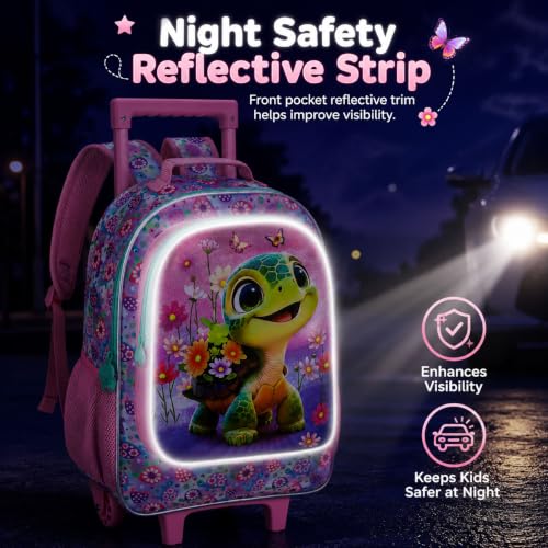 gxtvo Girls Rolling Backpack, Cute Turtle Roller Wheels Kids Bookbag - Wheeled Elementary School Bag - 3PCS Turtle - color: Uv Printing Flower Turtle Rolling Backpack