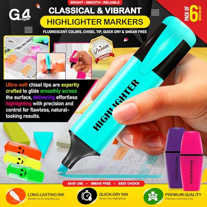 G4GADGET 6 Pack Assorted Highlighter Pens – Classic & Mini Highlighters for Study, Office & Use | No Bleed, Smear Free, Vibrant Colours | Cute & Pastel Markers for School, Notes & Journals