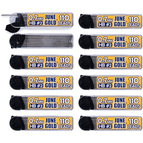 June Gold 1320 Pieces, 0.7 mm HB #2 Lead Refills, 12 Dispensers, 110 Pieces Per Dispenser, Medium Thickness, Break Resistant Lead/Graphite - style: 0.7 mm