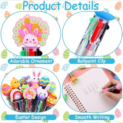 Vellibring 24PCS Easter Fun Pens Cute Multicolor Ballpoint Pens 4 Colors in 1 Kawaii Bunny Easter Egg Chicken Rainbows Gnome for Easter Party Favors Basket Stuffers School Supplies Students Rewards - style: Easter Eggs-24pcs