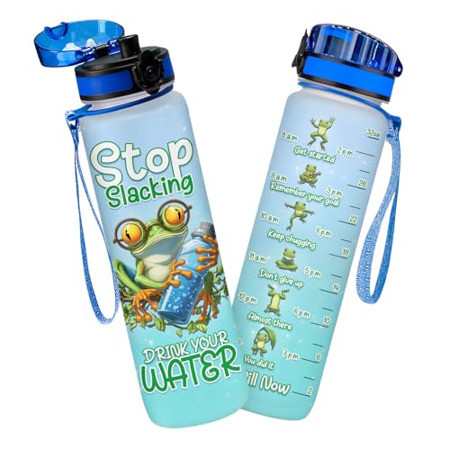 Funny Frog Water Bottle 32oz – Stop Slacking Drink Your Water Motivational Time Marker Bottle, Cute Frog Meme Gift for Animal Lovers, Daily Hydration Tracker - color: Frog