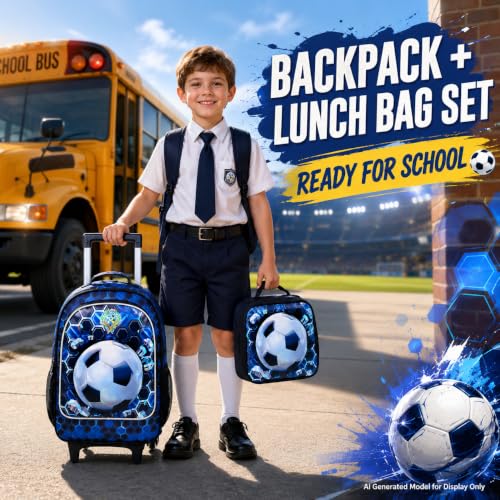 CCJPX 3PCS Soccer Rolling Backpack for Boys, Roller School Bookbag with Lunch Box, Football Water Resistant Wheeled Backpacks for Teens Elementary Travel-Blue - color: Blue Football