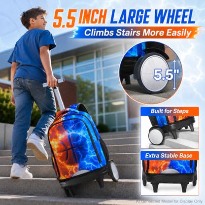 gxtvo Large Wheels & Quiet Glide | Rolling Backpack for Kids - Water-Resistant Wheeled Bag with Lunch Box for School, Travel & Outings - Fire & Lightning Basketball - color: Rolling Backpack Fire Lightning Basketball
