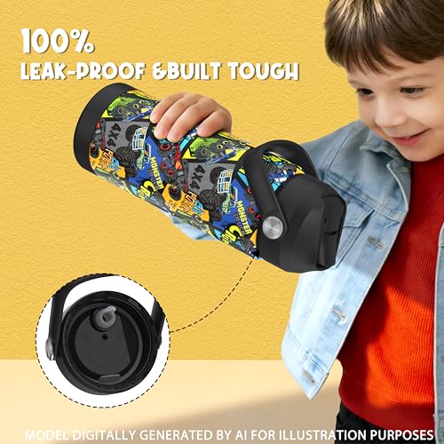 Boys Monster Truck Power Water Bottle for School，Kids 18 oz Insulated Stainless Steel Cup with Straw, Double-Wall Vacuum Leakproof - color: C10.Monster Truck-Power