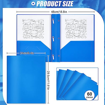 Yeaqee 60 Pcs Blue Plastic Folders with Pockets and Prongs Plastic Folder 2 Pockets 3 Prongs with Business Card Slot Back to School Folders for Students, Teachers, Office Workers - color: Blue