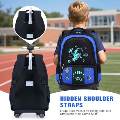 Bevalsa Rolling Backpack for Boys,Cool Luminous Gamer Roller School Backpacks with Lunch Box & Pencil Case,Kids Wheeled Schoolbag Bookbag with Wheels for Kindergarten Elementary School Travel - color: Blue Astronaut