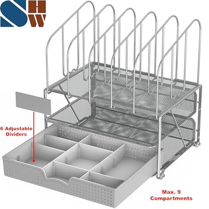 Deco Brothers Mesh Desk Organizer with Double Tray, 5 Upright Section, Gray | Sliding Drawer with Adjustable Dividers - color: Sliver
