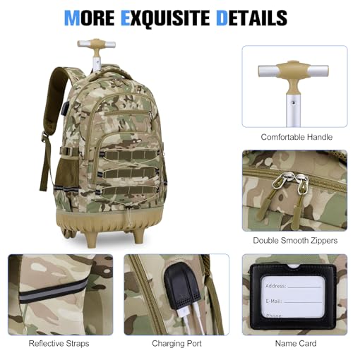 ACESAK Camo Rolling Backpack Boys, Tactical Kids Backpack Boys, Kids Suitcase for Boy Teens Elementary Middle High School, Military Backpack with Wheels and Lunch Bag Pencil Case Set (Camo Khaki) - color: Camo Khaki