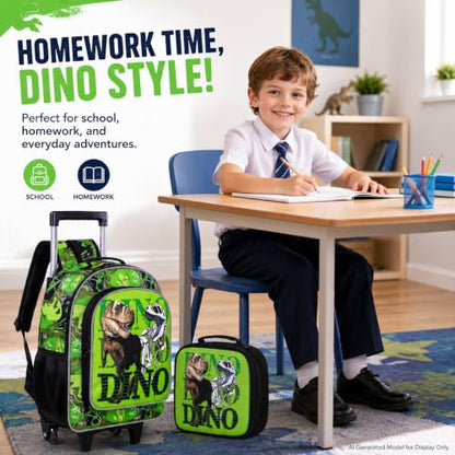WZLVO 3PCS Rolling Backpack for Boys, Kids Dinosaur Bookbag with Roller Wheels, Suitcase School Bag Set for Toddler Elementary - color: Dinosaur Green