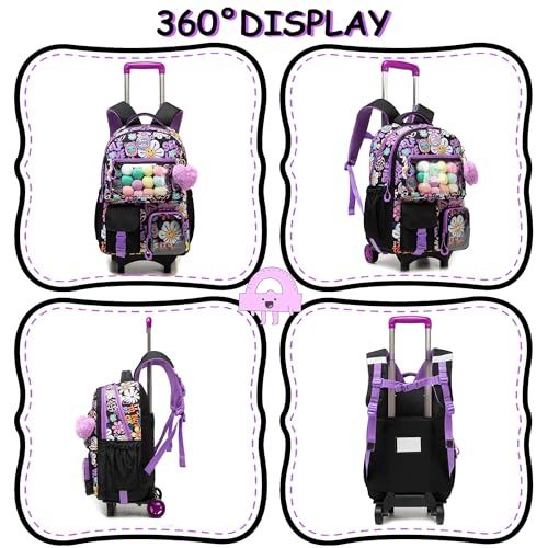 Cute Rolling Backpacks with Wheels for Girls Aesthetic Rolling Backpack for Elementary with Lunch Box School Trolley Backpack for Girls School Supplies - color: Black Flower