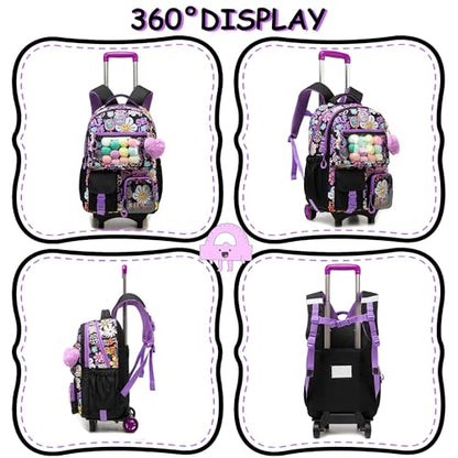 Cute Rolling Backpacks with Wheels for Girls Aesthetic Rolling Backpack for Elementary with Lunch Box School Trolley Backpack for Girls School Supplies - color: Black Flower