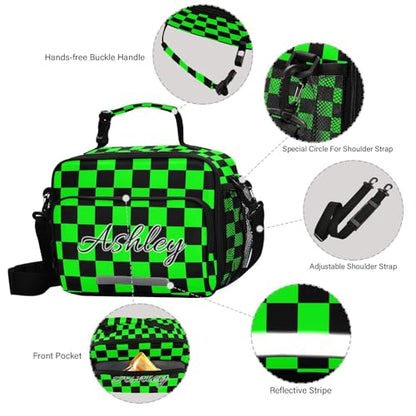 Custom Student Lunch Bag for Boys Girls Green Black Checkerboard Personalized Lunch Box With Name Insulated Cooler Bag for School Picnic Travel - color: Multi18