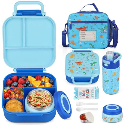 Itslife Bento Lunch Box for Kids Set, insulated food container, 7 oz thermos for hot food, 12 oz thermos water bottle, Reusable Insulated Ice Bag & Fork Spoon Utensils Camping Travel Blue-KL - color: Blue-KL